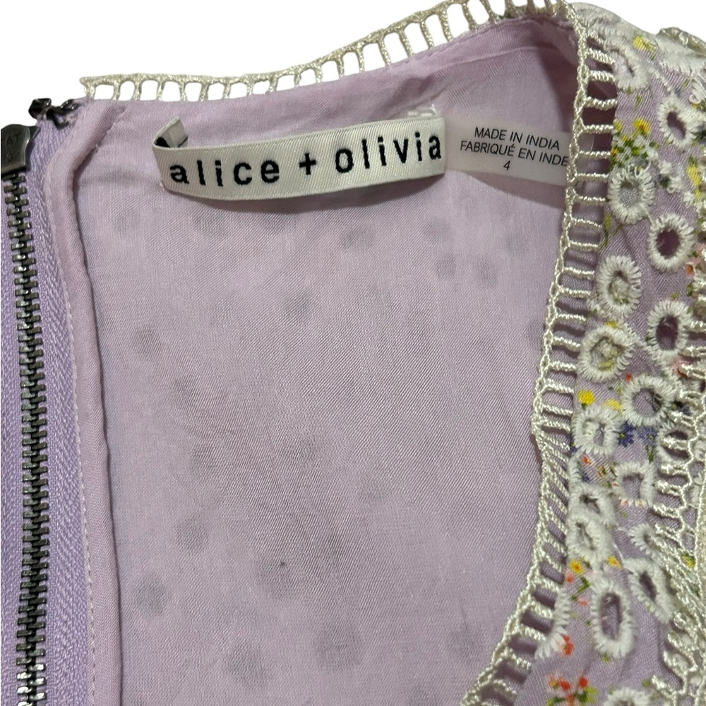 ALICE + OLIVIA Tonie Floral Lace Eyelet Tiered Ruffle Mini Sleeveless Dress - Picture 3 of 12